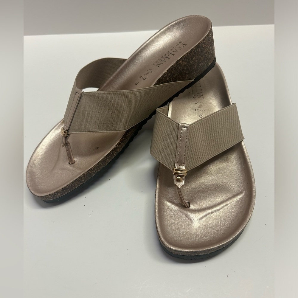 Italian Shoemakers Metallic Taupe Elastic Wedge Sandals with Gold Accent